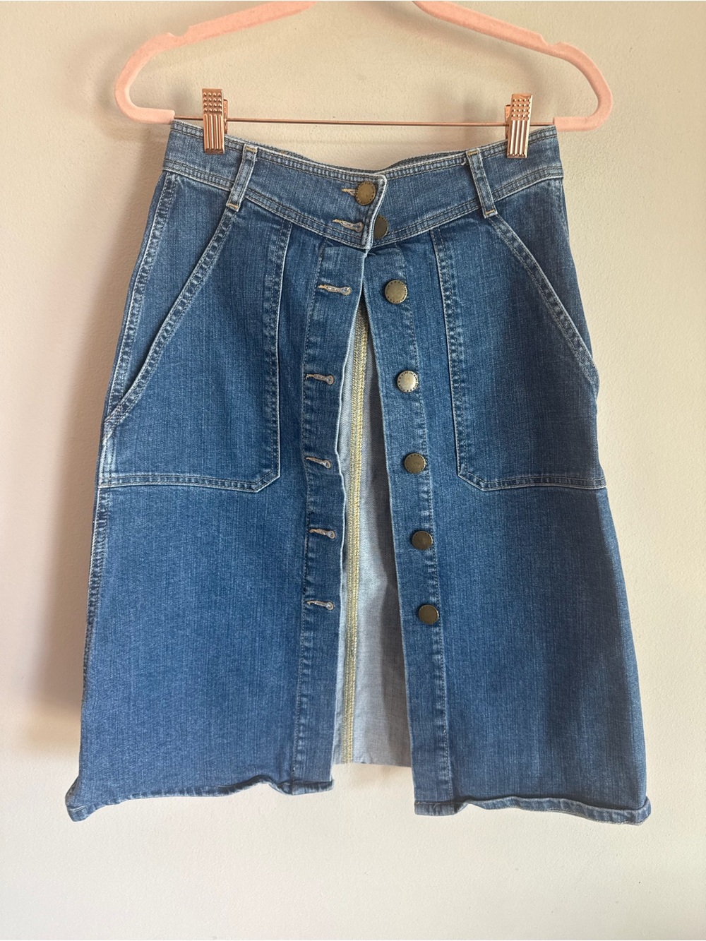 Maje Blue Denim Button Front Mini Skirt High Waisted A-Line Medium Wash Size 36